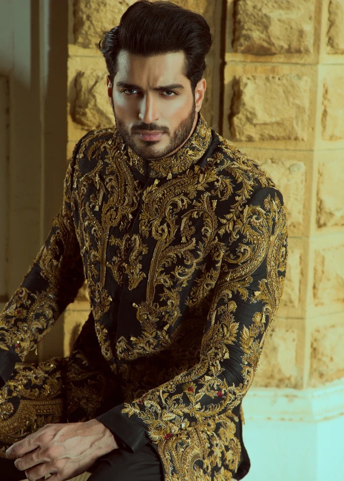 Black Sherwani For Groom with brown embroidery