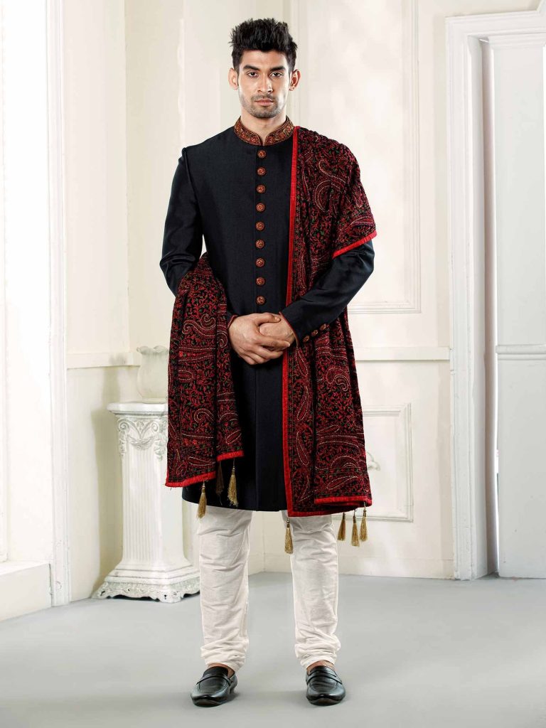 red shawl with black sherwani