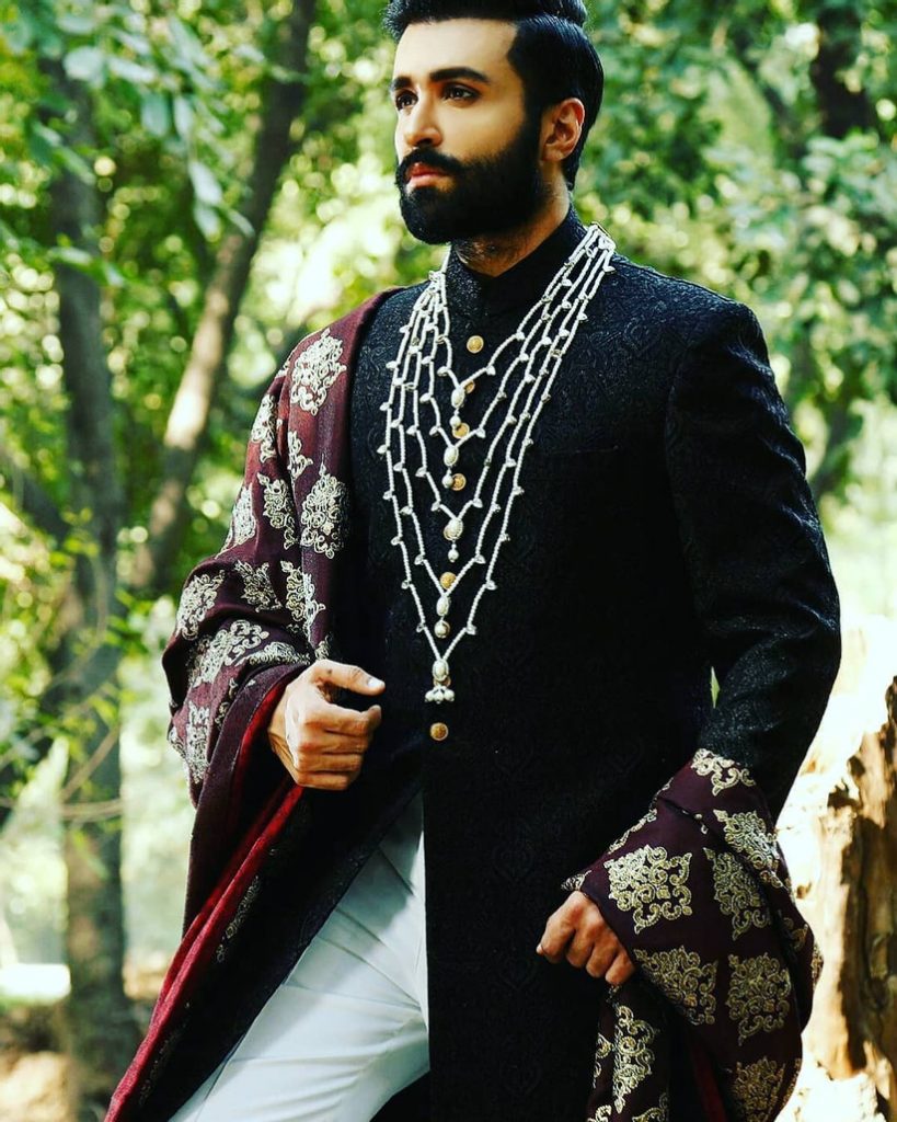 Black Sherwani For Groom with white jewelers