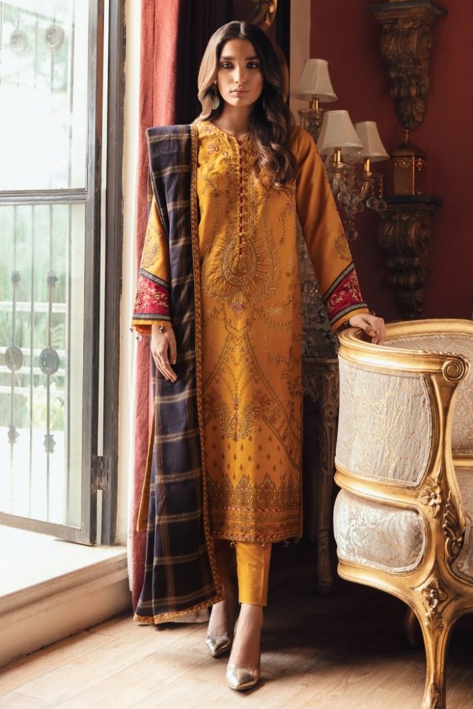 Iznik yellow Linen  Embroidered Pakistani salwar kameez wool shawl clearance £25 