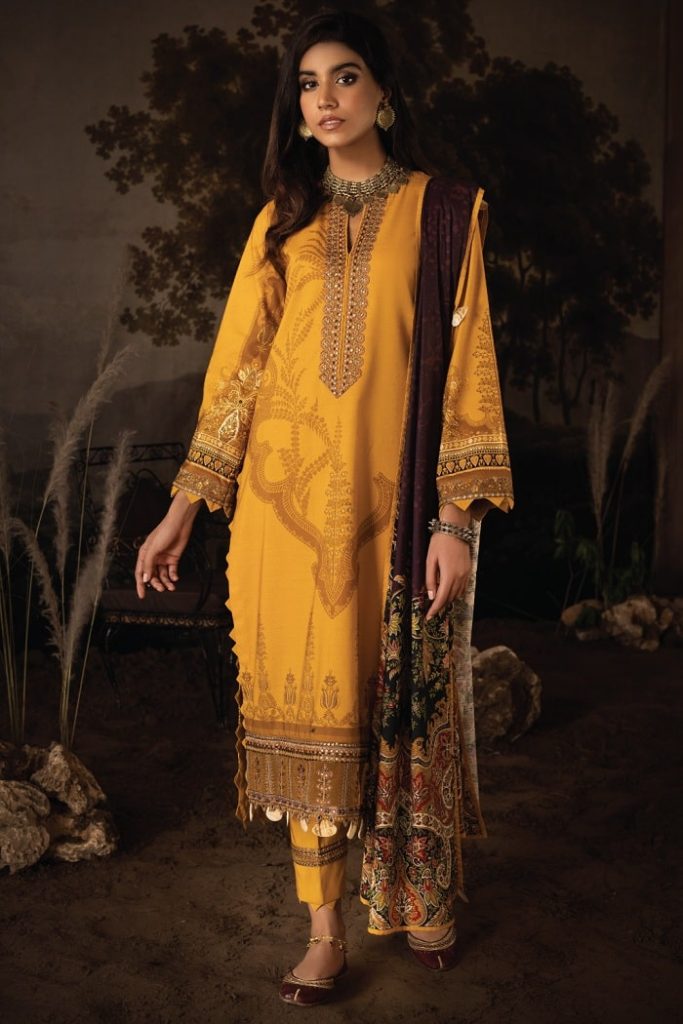 Iznik yellow Linen  Embroidered Pakistani salwar kameez wool shawl clearance £25 